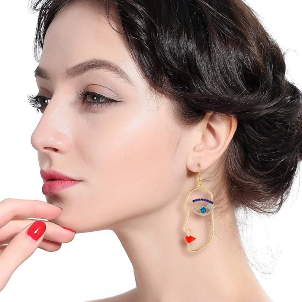 Abstract Art Human Face Dangle Earring with Cubic Zirconia Stone - Picture 5 of 6